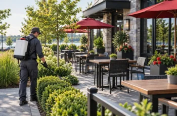 Commercial mosquito-control technician treating a restaurant patio