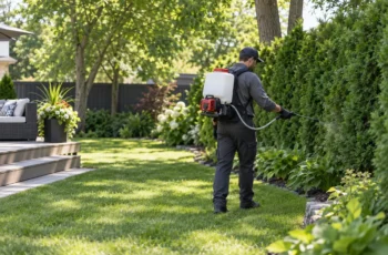 Mosquito-control technician treating backyard hedges in Eastern Ontario