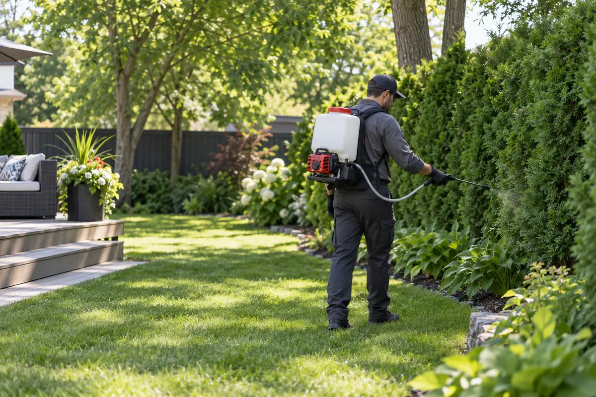 Mosquito-control technician treating backyard hedges in Eastern Ontario