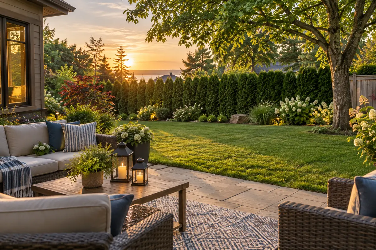 Landscaped Eastern Ontario backyard and patio at sunset.