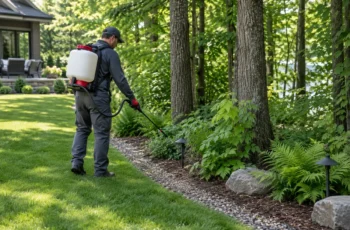 Tick-control technician treating a wooded residential property edge